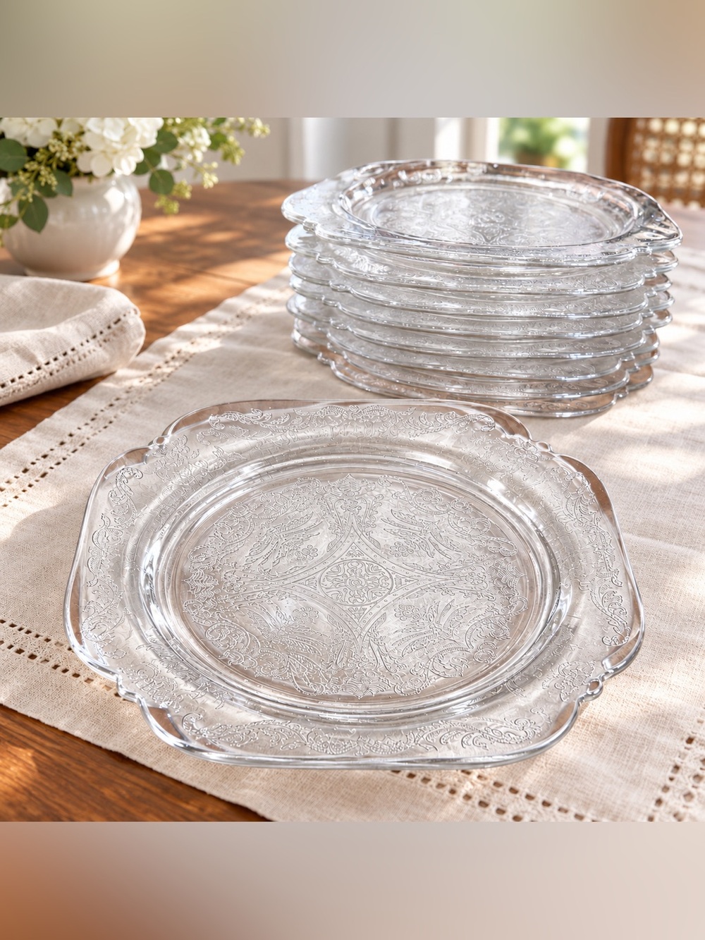 Clear Glass Madrid Pattern Square Dinner Plates Set of 8
